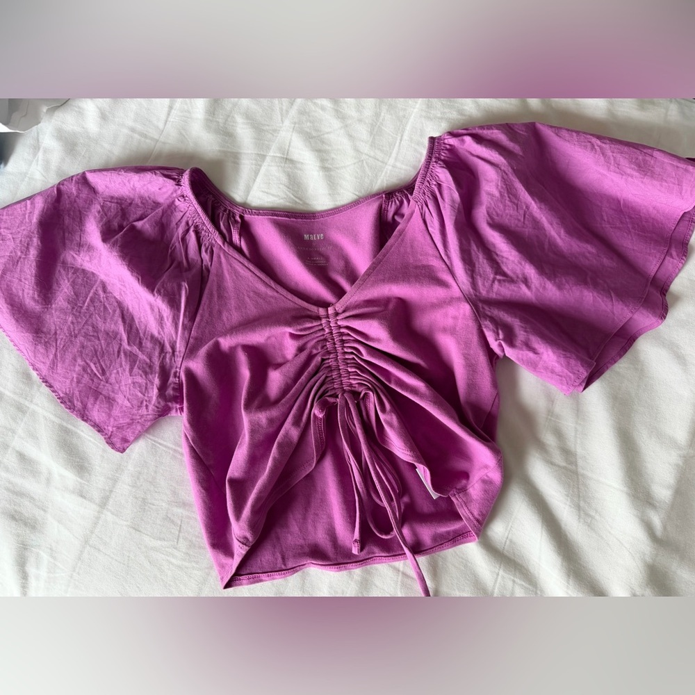 Maeve by Anthropologie Flutter Sleeve Crop Blouse in Purple Cotton Size XS - Picture 3 of 6